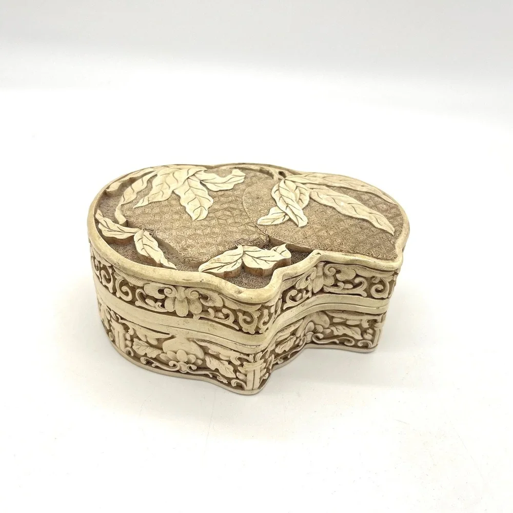 Vintage 1982 Ivory Dynasty Faux Cinnabar Carved Trinket Jewelry Box‎